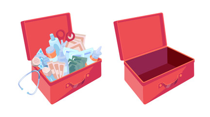 Cartoon Color First Aid Box Set Full and Empty View Emergency Pack Concept Flat Design Style. Vector illustration