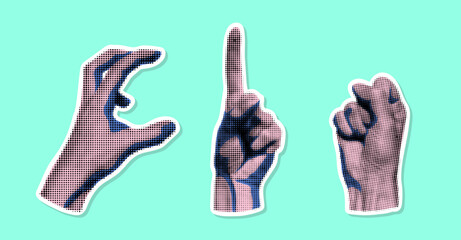 Realistic Halftone Dotted Human Hands Different Gestures Stickers Set Pointing Hand and Fist Collage Element . Vector illustration