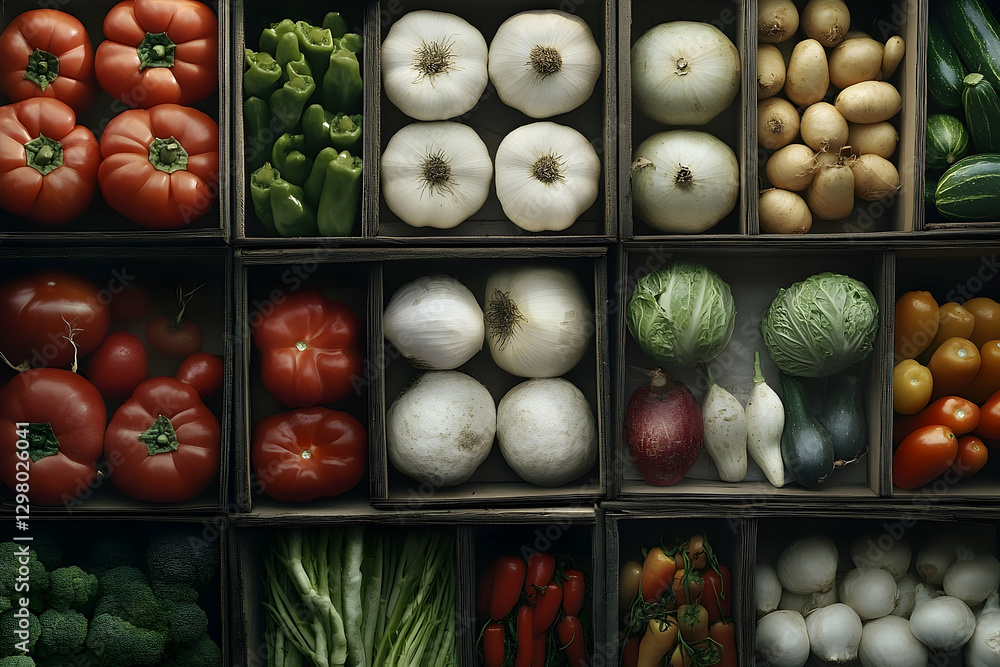 Poster rustic assortment of fresh vegetables in wooden crates display