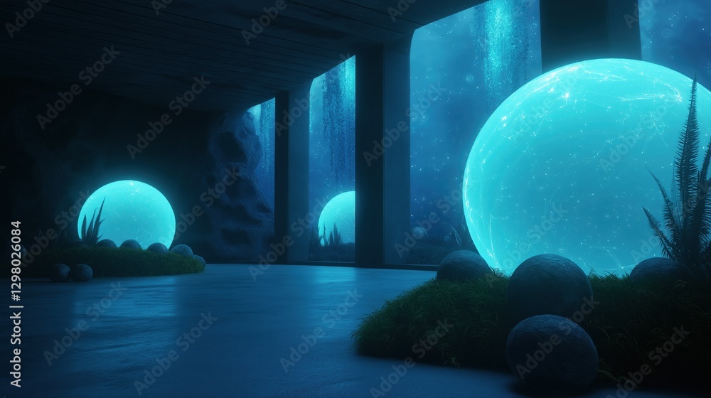 Poster 3d rendering of an underwater scene. the scene is set in a dark room with a concrete floor and a woo