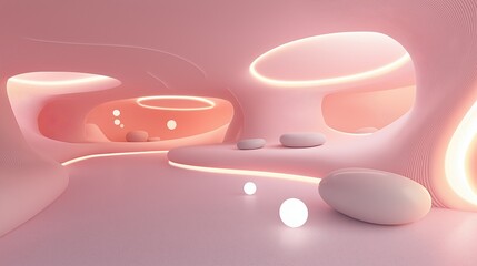 Abstract digital art piece with a pink background. it has a futuristic and abstract design with a combination of pink and white colors.