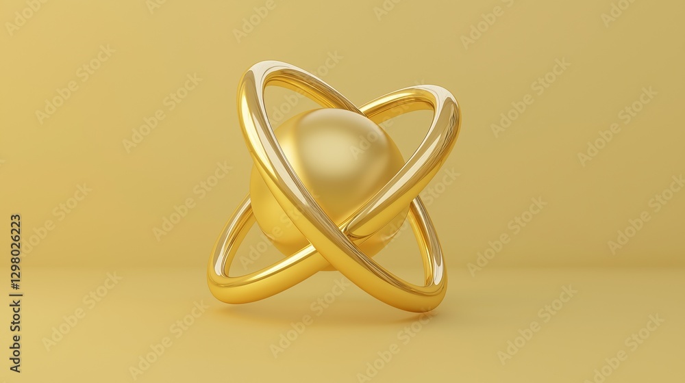 Poster 3d rendering of a golden ring with a spherical shape. the ring is made up of two intertwined rings, 