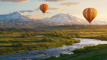 Two Orange Hot Air Balloons Soaring Over a Snow Capped Mountain River Valley at Sunrise