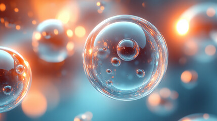 Close-up of small round blue and orange spheres illuminated by bright white light with gold and silver tones, symbolizing creativity, potential, and the birth of new ideas or beginnings