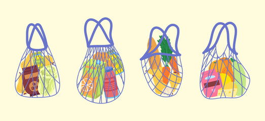 Cartoon Different Color Shopping String Bags with Products Set Grocery Concept Flat Design Style Include of Bakery, Juice, Cheese and Fruit. Vector illustration