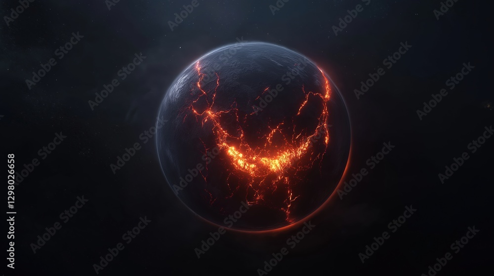 Poster digital illustration of a planet in outer space. the planet is in the center of the image, with a da