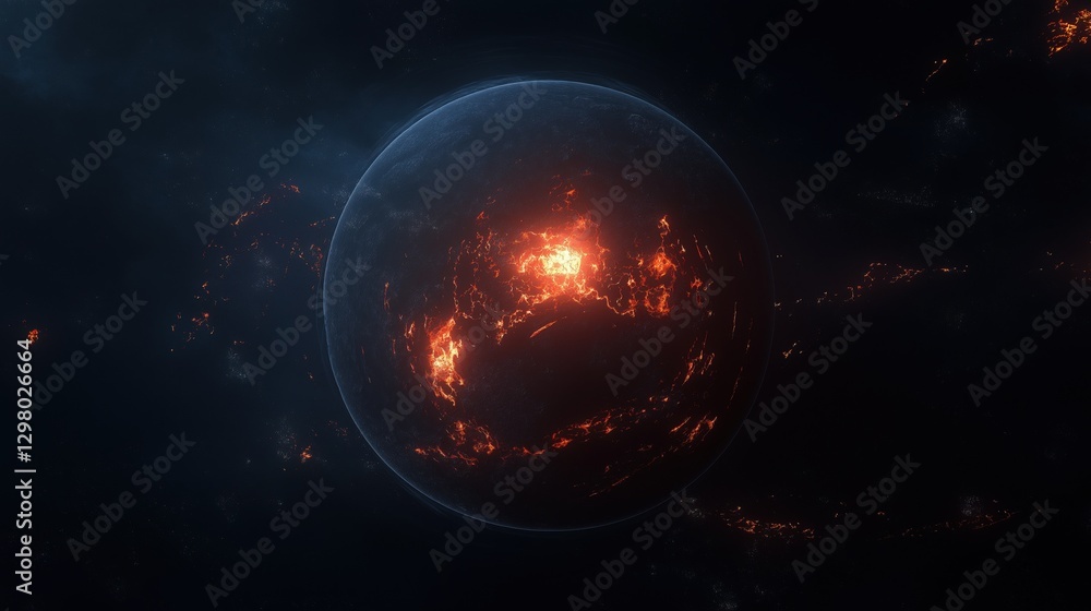 Poster digital illustration of a planet in outer space. the planet is in the center of the image, with a da