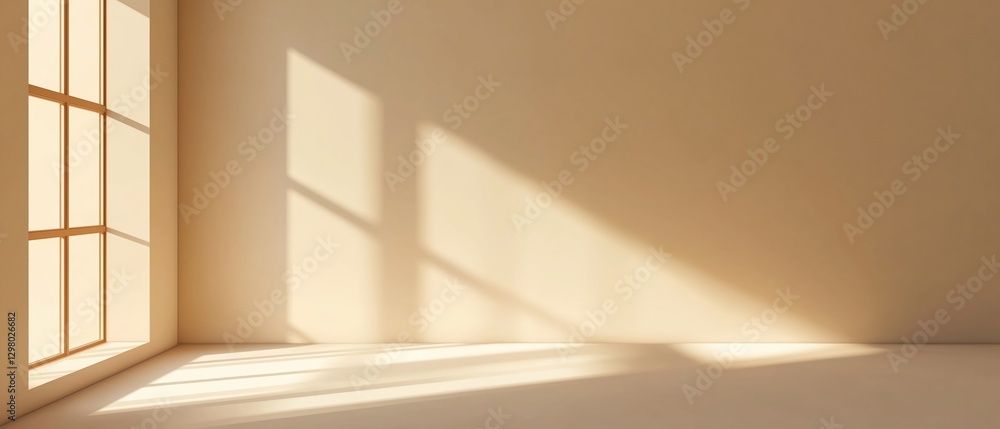 Poster empty room with a large window on the left side. the window is made of glass and has a white frame. 