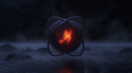 Digital illustration of a black sphere with a fiery orange glow emanating from it. the sphere is in the center of the image, with two black rings surrounding it.