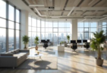 Fototapeta premium A blurred modern office interior with panoramic windows and soft natural lighting. A minimalistic, bright workspace with an airy and professional atmosphere.