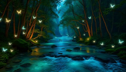 Enchanted River: A Luminous Butterfly Dance in the Dark Forest