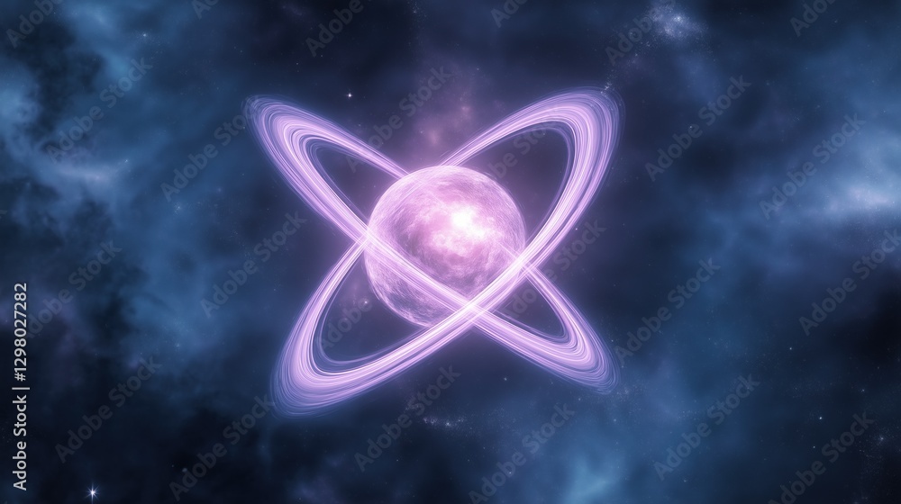 Poster digital illustration of an atom in outer space. the atom is in the center of the image, with a pinki