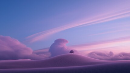 Digital illustration of a landscape with a vast expanse of sand dunes. the sky is a gradient of blue and pink, with a few wispy clouds scattered across the horizon.