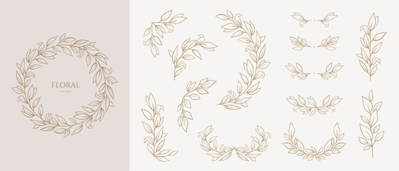 Hand drawn laurel wreath, flower borders, branch frames and leaves. Elegant logo template. Delicate botanical silhouette in line art style. Vector floral illustration for invitation, card, invitation