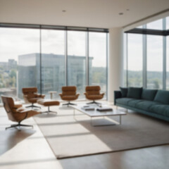 A blurred modern office interior with panoramic windows and soft natural lighting. A minimalistic, bright workspace with an airy and professional atmosphere.