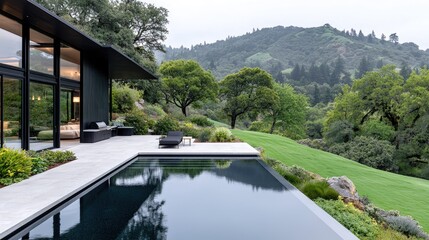 Modern house poolside view, hillside landscape, tranquil scene, architectural design