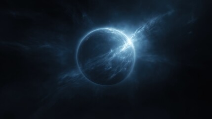 Obraz premium Digital art piece that appears to be a representation of a planet or a celestial body. the planet is in the center of the image, with a dark blue hue that gives it a mystical and ethereal appearance.