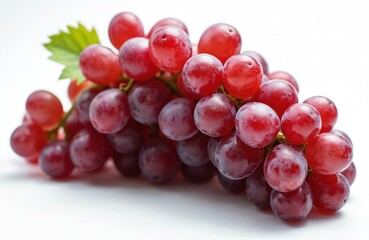 Single bunch of red grapes glowing against white background. Ripe juicy fruit, healthy snack, sweet dessert ingredient. Perfect for wine, juice production, agriculture related ads or healthy food.