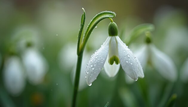 Close-up of snowdrop with water droplets on petals. White flower with green stem after rain. Spring bloom beauty, macro detail of delicate fragile blossom in garden.
