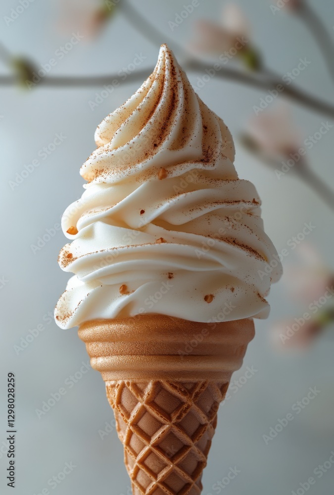 Poster delicious soft serve ice cream in a cone with a decorative swirl and hints of cinnamon on top agains