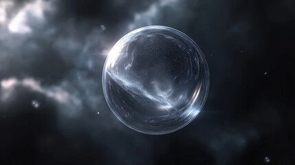 Digital illustration of a spherical object in the center of a dark, cloudy sky. the object appears to be made of a transparent material, with a smooth, shiny surface.