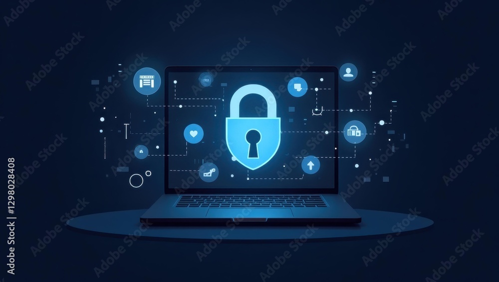 Poster cybersecurity technology. laptop is open with padlock on screen