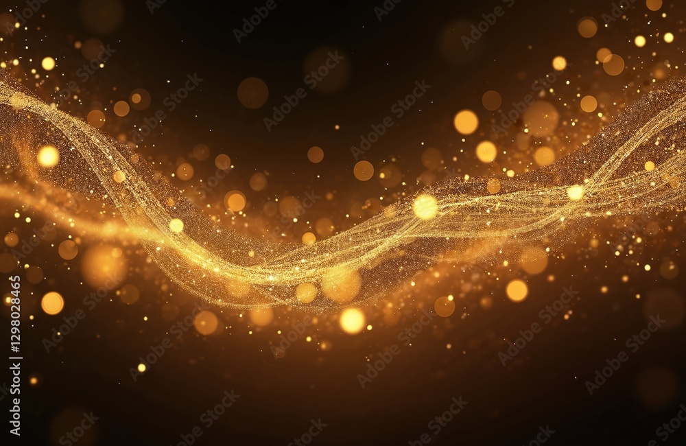 Poster golden glittering bokeh lights on dark background. sparkle shimmering stream, glow of magical light,