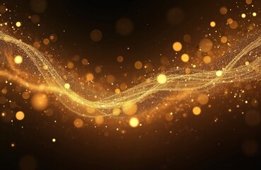 Obraz premium Golden glittering bokeh lights on dark background. Sparkle shimmering stream, glow of magical light, shiny particles. Abstract festive illustration, glamourous elegant backdrop, decorative design.