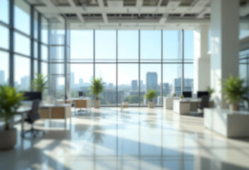 A blurred modern office interior with panoramic windows and soft natural lighting. A minimalistic, bright workspace with an airy and professional atmosphere.