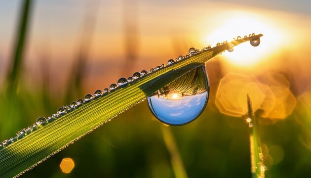 Macro dewdrop on grass blade reflects bright summer sky.  Captures a tiny world of nature's beauty. Perfect for serene and fresh backgrounds.