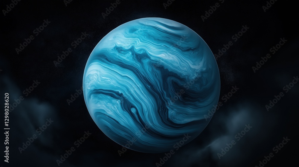 Poster digital illustration of a blue planet with a black background. the planet appears to be spherical in