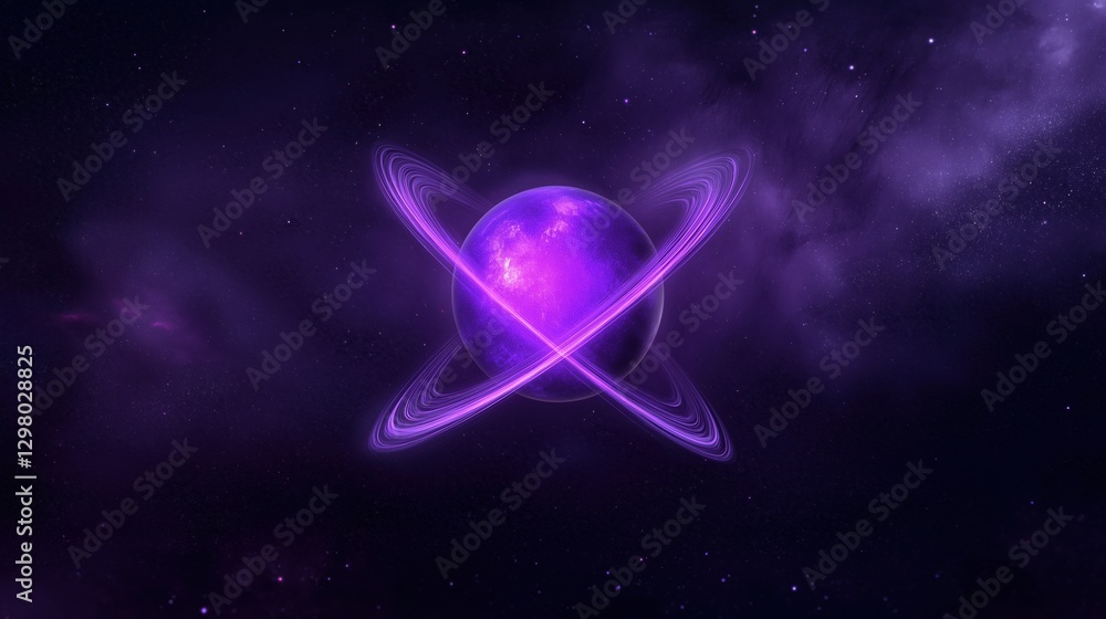 Poster digital illustration of a purple planet with a ring around it. the planet is in the center of the im