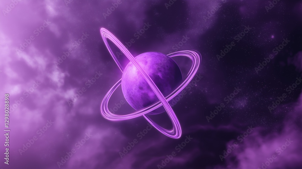 Poster digital illustration of a planet with a ring around it. the planet is a deep purple color and appear