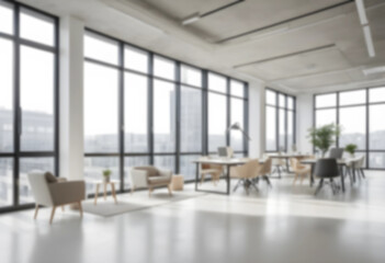 Fototapeta premium A blurred modern office interior with panoramic windows and soft natural lighting. A minimalistic, bright workspace with an airy and professional atmosphere.