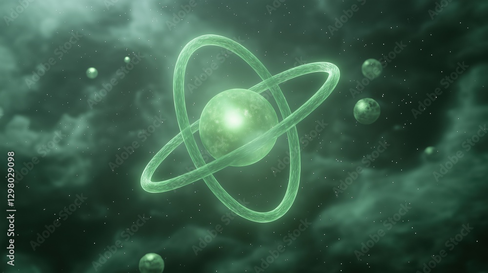 Poster digital illustration of an atom in outer space. the background is a dark green color with a nebula-l