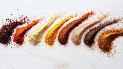 Assorted Spice Powders Swirling on White Surface