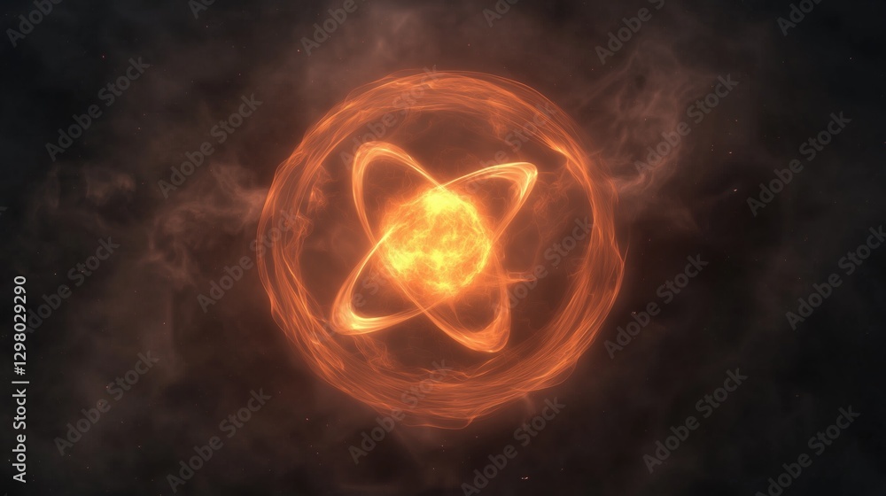 Poster digital illustration of an atom in outer space. the atom is in the center of the image and is surrou