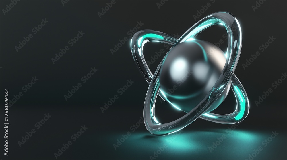 Poster 3d rendering of an atom. the atom is made up of two rings, one in the center and one on either side.