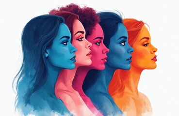 Obraz premium Diverse women illustration. Five multiethnic female portraits in row. Equality, female empowerment concept. Variety of skin tones, hairstyles. Colorful artistic female faces, strong confident look,