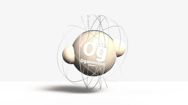 Oganesson Og 3d atom model animation gas element from periodic table on clean white background
