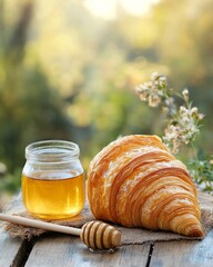 A croissant with a light honey glaze, sitting next to a small honey jar and dipper. The background is a rustic wooden table