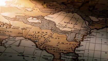 Fototapeta premium Macro map detail shot: countries, rivers, mountain ranges in sharp focus. Captivating cartographic texture. Ideal for travel, history, and background designs