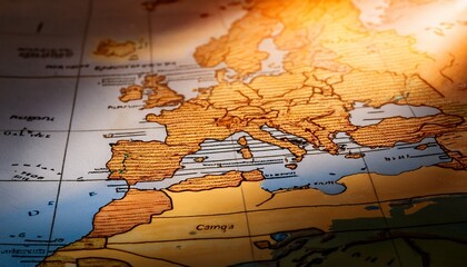 Obraz premium Macro map detail shot: countries, rivers, mountain ranges in sharp focus. Captivating cartographic texture. Ideal for travel, history, and background designs