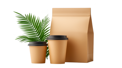 Steaming hot coffee break, two cups and a takeaway bag for cozy beverage treat