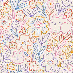 Funny bunny floral pattern in hnad-drawn style. Rabbit seamless print design. Animal kids illustration