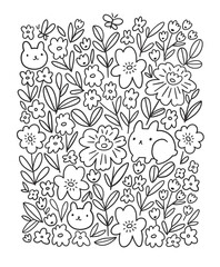 Fototapeta premium Flowers and bunny coloring page. Cute line animal illustration. Rabbit design in hnad-drawn style. Bunny card template