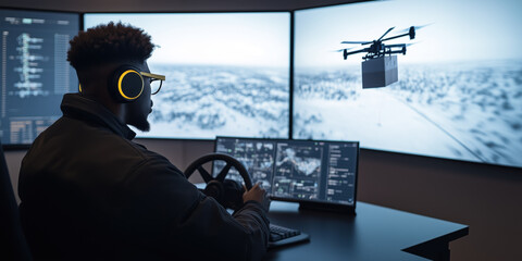 Drone operator controlling remote drone in high tech environment
