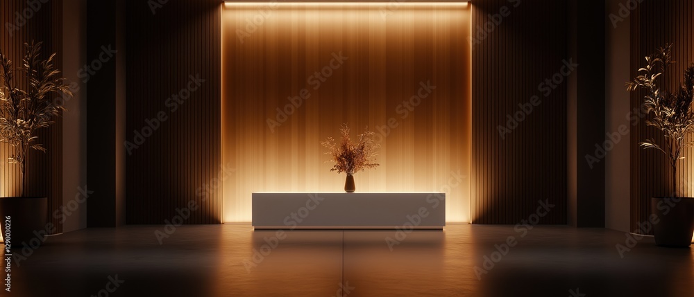 Poster empty room with a large window in the center. the window is covered with a golden curtain that is li