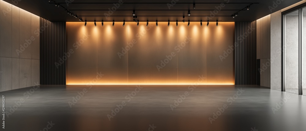 Poster Empty room with a large window on the right side. the room has a concrete floor and walls on both sides. the walls are painted in a light beige color and have vertical lines running along them.