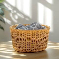 Obraz premium Beige Wicker Basket with Gray Fabric on Wooden Table